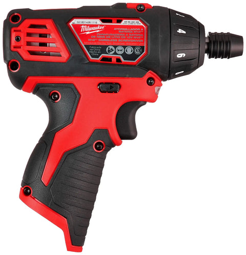 Side view of a 12-Volt Cordless One Quarter Inch Hex Screwdriver, M12 Lithium-Ion Power Tool, Tool Only, Compact and Lightweight.
