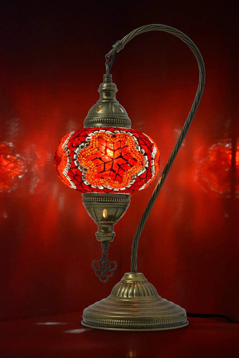 Swan Neck Mosaic Turkish Table Lamp With Handcrafted Glass Bead Mosaic, red stained glass globe, brass base, lit on red background