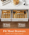Expandable Bamboo Silverware Organizer For Drawers featuring 6 and 8 slot utensil trays in kitchen drawer, natural finish.