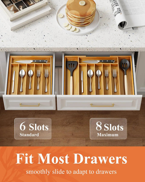 Expandable Bamboo Silverware Organizer For Drawers featuring 6 and 8 slot utensil trays in kitchen drawer, natural finish.