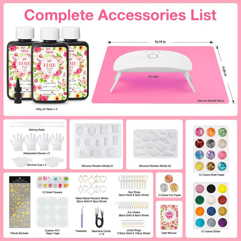 Complete All In One UV Resin Kit With Light And Molds 300g Crystal Clear Hard UV Curing Premixed Resin Starter Jewelry Making Kit