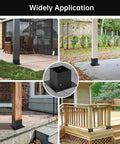 4x4 Post Base Brackets Set of 4 For Deck Fence Pergola Porch Posts, Inner Size 3.5x3.5 Inches, Heavy Duty Steel, shown in outdoor use.