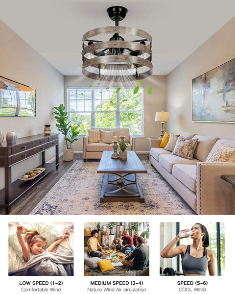 Living room with 20 Inch Bladeless Ceiling Fan With Lights Remote App Control, Modern Vintage Design, flush mounted.