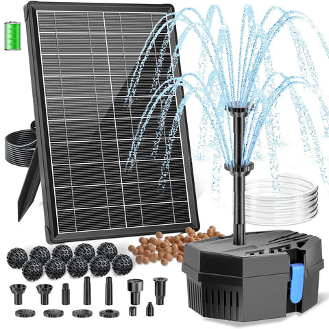Solar Pond Filter Kit With 8W Fountain And 3600mAh Battery, includes solar panel, fountain nozzles, and tubing for small ponds.