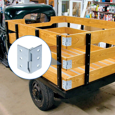 Heavy Duty Trailer Wood Sides Brackets Tailgate Bulkhead Corner Connectors Vehicle Bed Rail Hardware right angle connector on wooden trailer side.