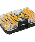 Impact Driver Bit Set 35-Piece With Connectable Storage System, Boss Bit Bar Design, clear lid closed with visible bits inside.