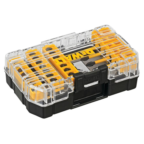 Impact Driver Bit Set 35-Piece With Connectable Storage System, Boss Bit Bar Design, clear lid closed with visible bits inside.