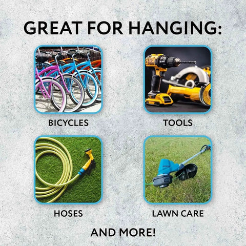 Bicycles, tools, hoses, and lawn care equipment hanging on display with text highlighting garage ceiling bike hooks versatility.