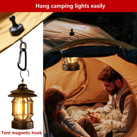 Two Pack Heavy Magnetic Hooks For Outdoor Use, Premium Neodymium Tent Hooks with lantern hanging from tent ceiling.