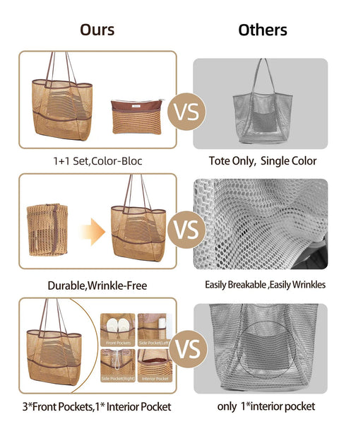 Comparison of packable 2 in 1 beach tote bag with foldable design and multiple pockets against a single-color tote, highlighting durability and features
