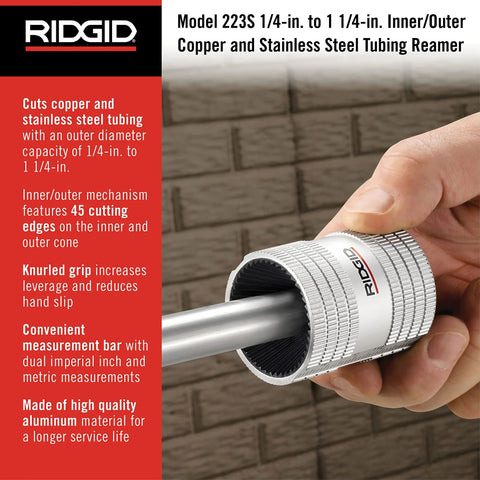 RIDGID 223S pipe reamer for copper and stainless steel, 1/4-in to 1-1/4-in, knurled aluminum body