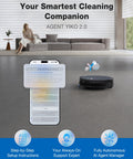 Living room with couch, robot vacuum on floor, Omnicyclone Robot Vacuum And Mop With 22,000 Pa Blast Suction FocusJet 46,000 Pa Spray.