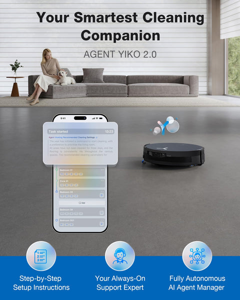 Living room with couch, robot vacuum on floor, Omnicyclone Robot Vacuum And Mop With 22,000 Pa Blast Suction FocusJet 46,000 Pa Spray.