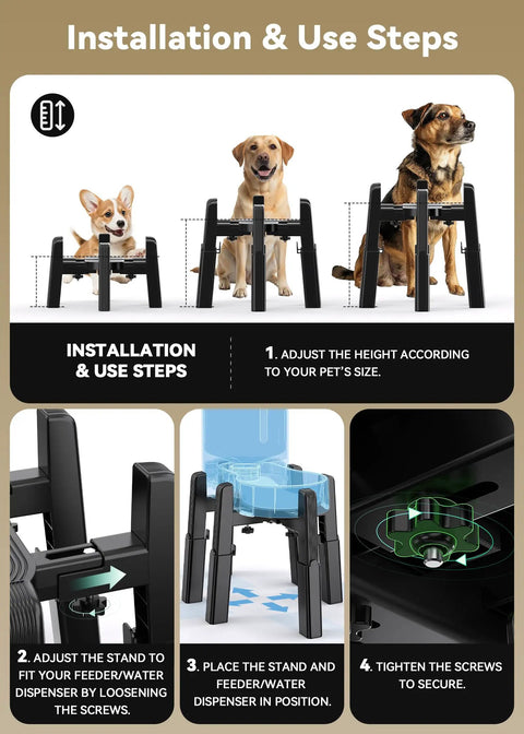 Installation steps for Fully Adjustable Extra Large Dog Bowl Stand For Big Paws, showcasing height adjustment and assembly details.