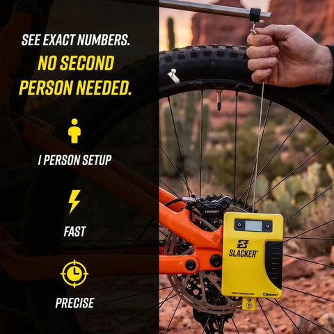 MTB Suspension Tuning Kit With Digital Sag Tool Portable One Person Axle Measurement System in use on a bike wheel