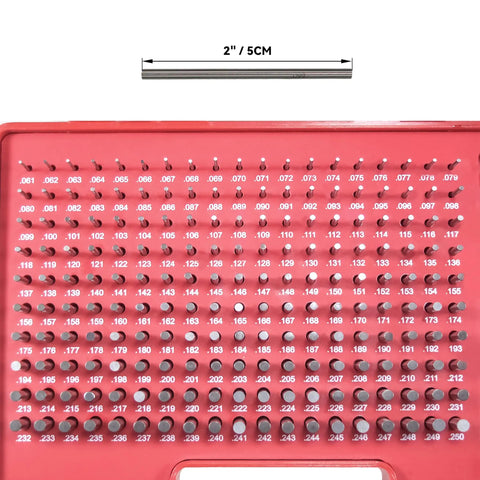 Steel Pin Gauge Set 190-Piece 0.061-0.250 In Range Minus Tolerance 0.0002 In Bearing Steel with plastic case display