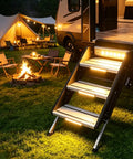 Pack Of Three Motion Activated Rv Step Lights With 10 Bright Leds And Instant Trigger on illuminated camper steps at night.