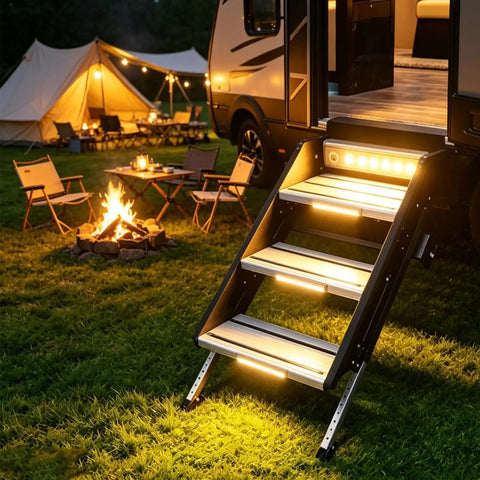 Pack Of Three Motion Activated Rv Step Lights With 10 Bright Leds And Instant Trigger on illuminated camper steps at night.