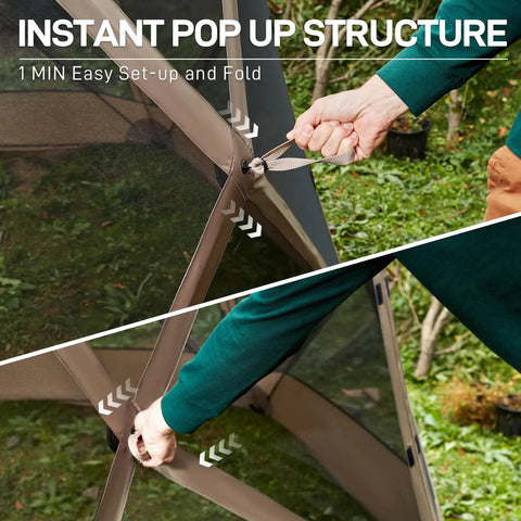 Pop Up Screen House Tent For Camping 11.5 By 9.8 Ft Instant Gazebo With Netting Grab And Go Backyard Shelter frame setup close-up