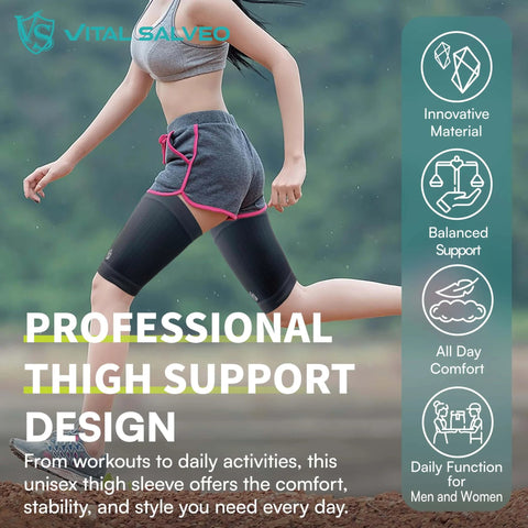 Person running wearing Graphene Thigh And Hamstring Compression Sleeve For Quad Strain Relief Groin Comfort Athletic Recovery