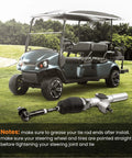 EZGO TXT MPT Golf Cart Steering Gear Box Assembly With Ball Joint And Latch For 2001 Up Electric And Gas Models Plug And Play Replacement 70964-G01 70602-G01 with a golf cart in the background