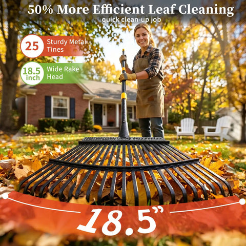 Heavy Duty Leaf Rake For Lawns With Back Saving Long Handle 65 Inch Gardening Rake With 18.5 Inch Wide Head And 25 Tines For Quick Yard Cleanup Anti Rust Steel Construction in garden use