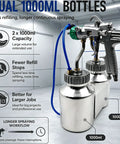 Heavy Duty Dual Head Paint Spray Gun With Knockout Twin Aluminum Cups For Lightning Fast Coverage On Massive Walls And Serious Shop Jobs Delivering Rock Solid Performance And Smooth As Glass Finishes, showing dual 1000ml aluminum bottles.