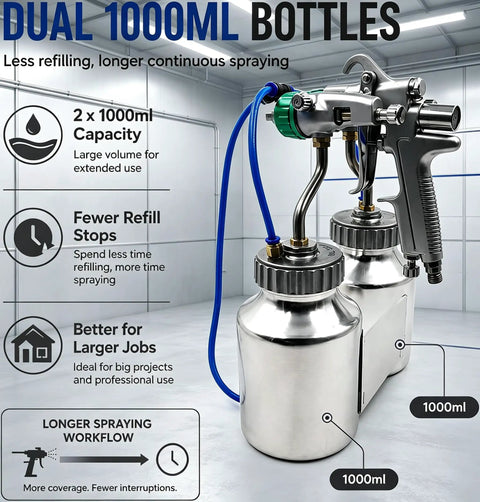 Heavy Duty Dual Head Paint Spray Gun With Knockout Twin Aluminum Cups For Lightning Fast Coverage On Massive Walls And Serious Shop Jobs Delivering Rock Solid Performance And Smooth As Glass Finishes, showing dual 1000ml aluminum bottles.