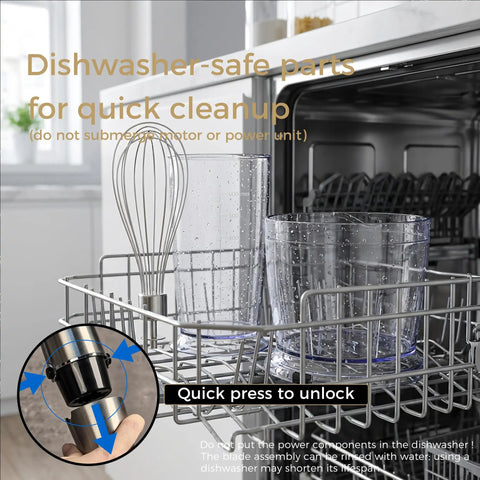 Workhorse Immersion Blender With 1200W Motor four blade stainless steel whisk and chopper in dishwasher for easy cleanup.