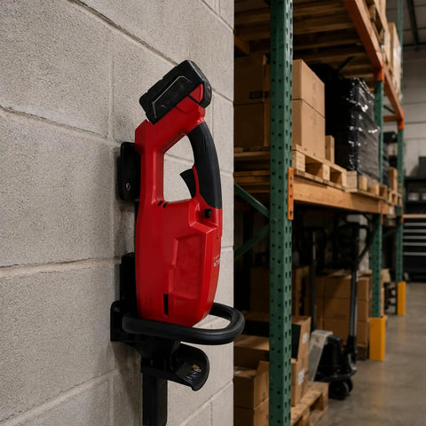 Wall Mount Holder Compatible With M18 Fuel Hedge Trimmer 2726-20 installed on garage wall, holding red trimmer securely.