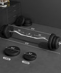 Olympic Curl Bar Weight Set With Six Plates And Bar Clamps For Lifts 55Lb Home Gym on gym floor, showing dimensions and plate details