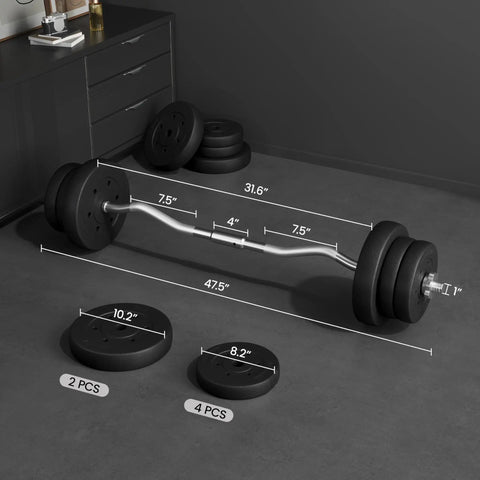 Adjustable Olympic Curl Barbell Set With Four 5.5 Lb Plates And Two 11 Lb Plates, Curl Bar, Star Lock Collars in home gym setting