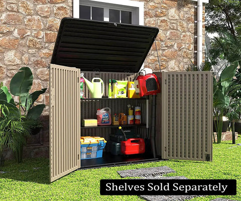 Heavy Duty Outdoor Storage Cabinet For Backyards And Patios Weather Resistant Horizontal Shed With 48 Cu Ft open with gear inside