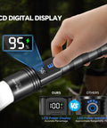 Hand holding Triple Pack 10000 Lumen Rechargeable Flashlights With LCD Display showing 95% battery in forest setting.