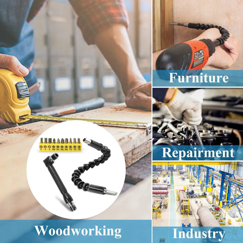 90 Degree Right Angle Driver Extension Kit With 11.6 Inch Bendable Soft Shaft Includes 1 Flexible Bit 1 Right Angle Bit And 10 Screwdriver Bits For Tight Spaces Power Drill Extension Set Pack Of 12 displayed with usage in woodworking, furniture, repair, and industrial settings.