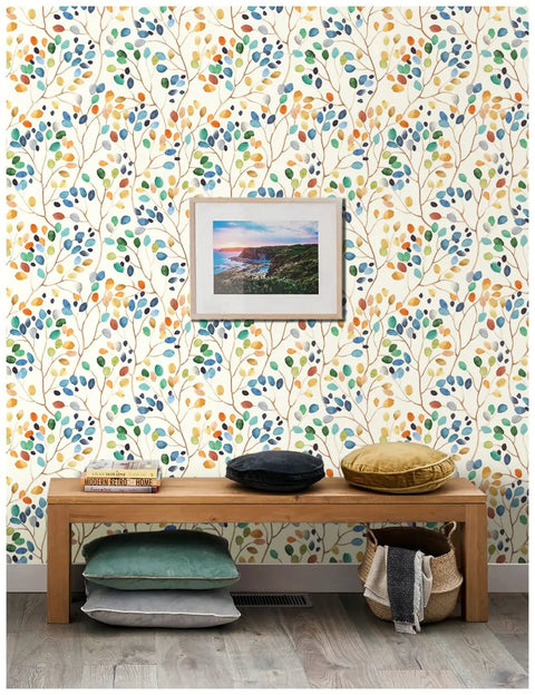 Room with Peel And Stick Floral Wallpaper For Nursery Decor Removable Contact Paper In Colorful Forest Beige Orange Blue No Mess Easy