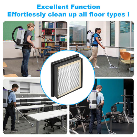 Top Notch HEPA Vacuum Filter Replacement For Backpack Vacuums Compatible With Super Coach Pro 6 And Pro 10 GoFree Flex Pro ProVac FS 6 Twin Pack High Efficiency Filtration in use by cleaners in various settings.