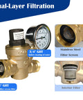 Water Pressure Regulator Valve For RVs With Gauge And Inlet Screened Filter Brass RV Part For Camper Trailer Performance, Leak Prevention, And Smooth Water Pressure On The Road. 3/4" GHT brass with gauge