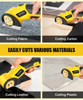 Cordless Electric Scissors With LED Light For Precise Cutting, Rechargeable 4V Rotary Box Cutter, USB Type C Fast Charge, Includes 2 Blades cutting fabric, cardboard, leather, plastic.