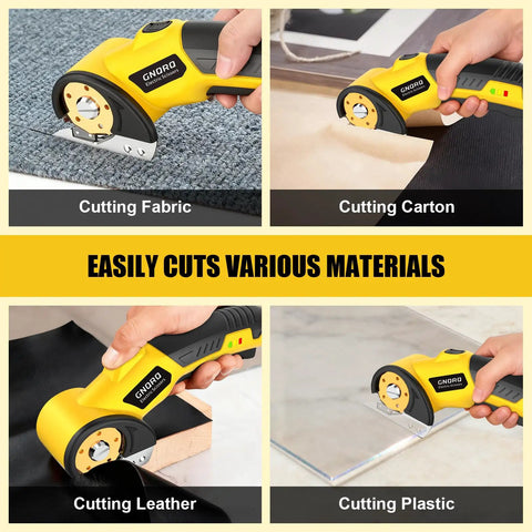 Cordless Electric Scissors With LED Light For Precise Cutting, Rechargeable 4V Rotary Box Cutter, USB Type C Fast Charge, Includes 2 Blades cutting fabric, cardboard, leather, plastic.