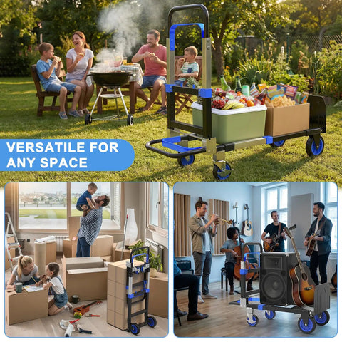 3 In 1 Folding Hand Truck With 500lbs Capacity holding groceries, boxes, and instruments, versatile for garden and indoor use