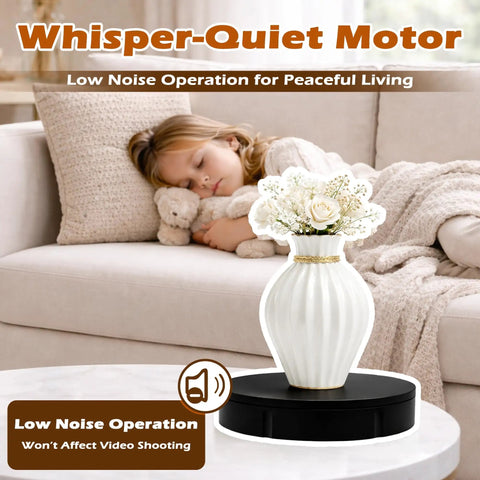 Prolee 12 Inch Electric Rotating Turntable 360 Degree Motorized Display Stand With Remote Control featuring a vase on a coffee table.