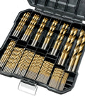Axelord 99 Pcs Drill Bit Set HSS Titanium Coated 135 Degree Tip Twist Bits For Wood Metal Plastic Iron Steel Copper Aluminum Alloy Hex Shank Kit With Tough Storage Case Perfect For DIY Pros open case with gold drill bits