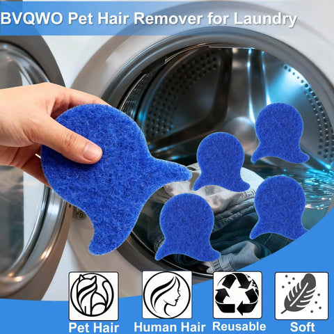 6-Piece Laundry Pet Hair Remover Set Reusable Dog And Cat Hair Cleaner For Clothes And Washing Machines in use near washer