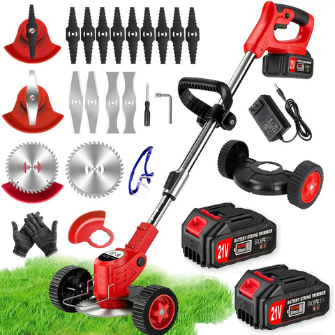 Cordless Weed Wacker With Dual 21V Batteries Wheel 15 Blades 3-In-1 Stringless Trimmer Edger Brush Cutter For Lawn Care