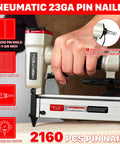 Hella Smooth Pneumatic Pin Nailer 23 Gauge With Badass Air Pressure Control, showing user handling tool for woodwork.