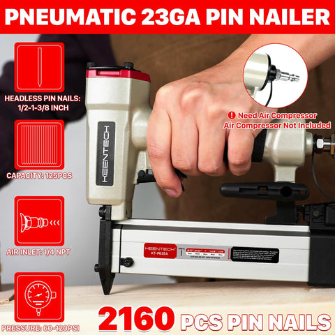 Hella Smooth Pneumatic Pin Nailer 23 Gauge With Badass Air Pressure Control, showing user handling tool for woodwork.