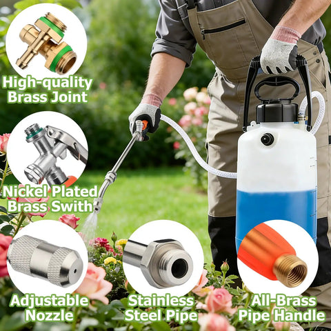 Gardener using All Metal 29 Inch Sprayer Wand For Tank Sprayers With Stainless Steel Extension Tubes And Brass Barbs.