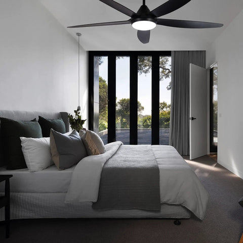 Modern bedroom with Indoor Ceiling Fan With 56 LED Lights, 5-Blade Black Fan With Remote, showcasing quiet motor and sleek design.