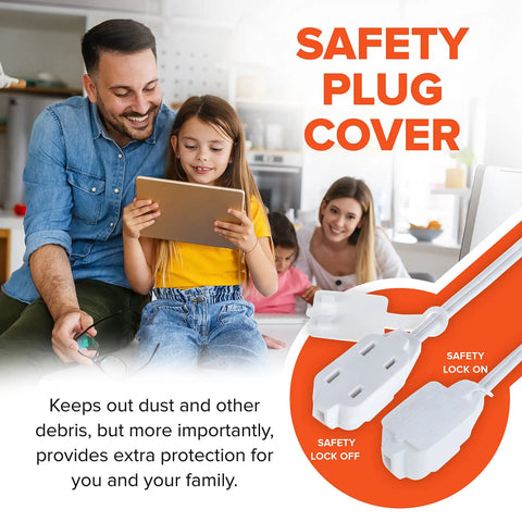 Family reading with Two Prong Indoor Extension Cord with Three Polarized Outlets and Protective Plug Cover visible inset